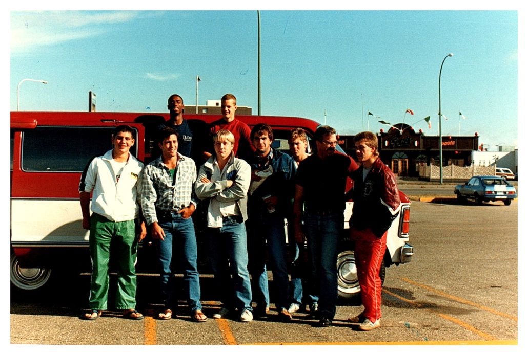 L->R : Don Alexander, Rob Beaudry, Tim Daum, Lyle Stewart, James Koch, Doug Herasymink, Jason Liscowich, Leo Lane Sr., Quinton Mackie
Missing : Kent Kammermeyer (co-captain), Larry Sawtsky, Tom Bryant (co-coach)