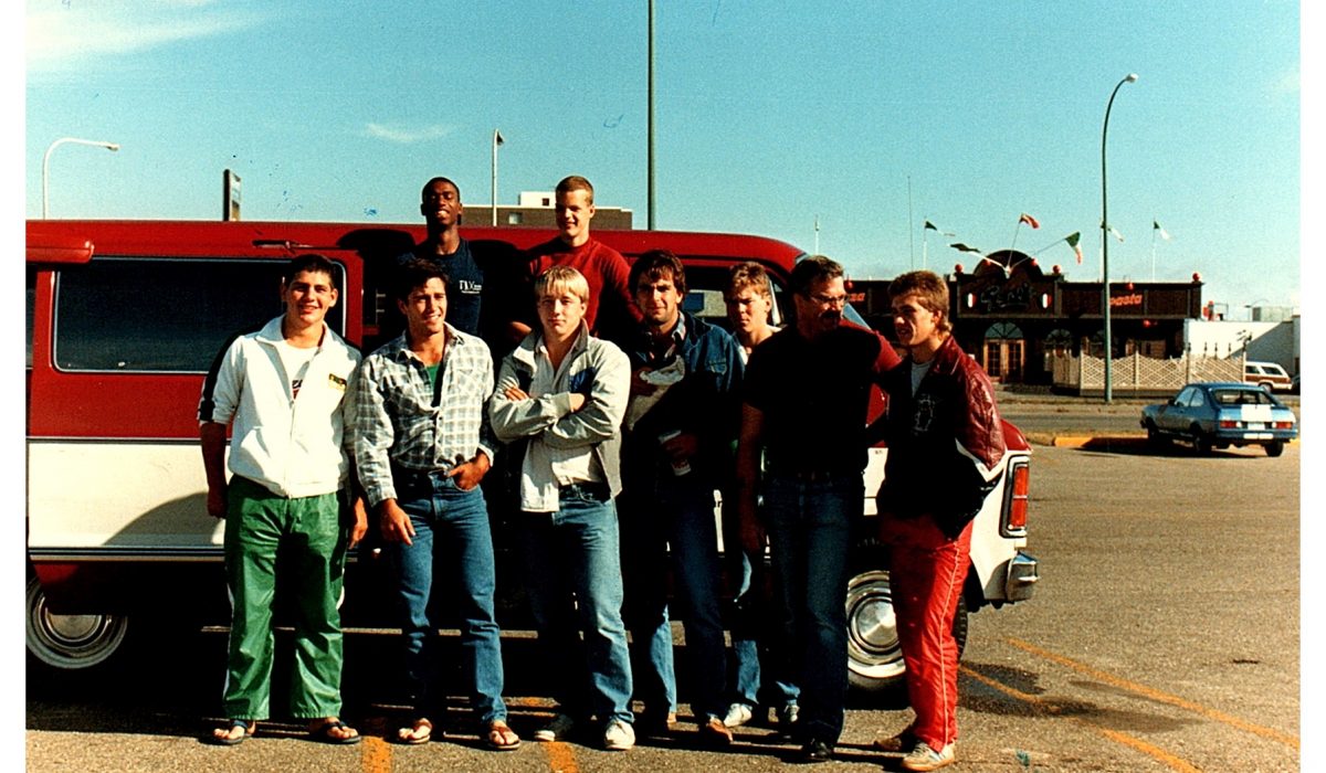 L->R : Don Alexander, Rob Beaudry, Tim Daum, Lyle Stewart, James Koch, Doug Herasymink, Jason Liscowich, Leo Lane Sr., Quinton Mackie
Missing : Kent Kammermeyer (co-captain), Larry Sawtsky, Tom Bryant (co-coach)